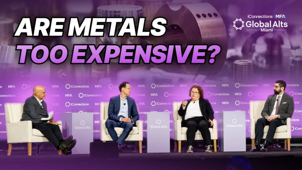YouTube thumbnail for "17 Years to Build a Mine: The Critical Minerals Investment Case," showing four panelists seated on stage at Global Alts Miami 2026 in light gray armchairs against a purple backdrop featuring industrial mining imagery, with bold white-and-purple overlay text reading "ARE METALS TOO EXPENSIVE?" and the iConnections Global Alts Miami logo in the upper right.