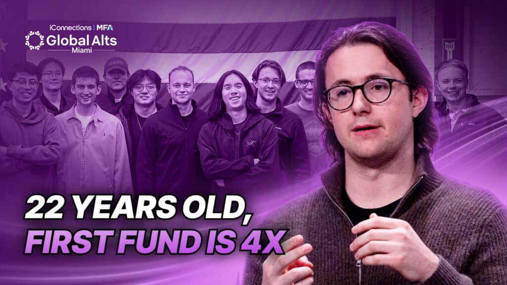 YouTube thumbnail for "10 Founders. 1 House. 1 Chef. This Is How Hard Tech Gets Built," showing a young man in glasses and a brown sweater (Jakob Diepenbrock) gesturing mid-conversation on the right, with a group photo of male founders posed together on the left against a purple-tinted background, and bold white-and-purple overlay text reading "22 YEARS OLD, FIRST FUND IS 4X.
