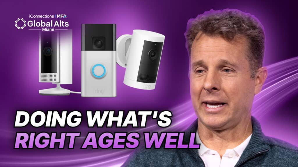 YouTube thumbnail for "Email in Every Box Changed Everything | How Ring's Founder Stays Customer-Obsessed," showing Ring founder Jamie Siminoff on the right in a gray sweater speaking mid-sentence, alongside product photography of Ring's security cameras and video doorbell on the left, against a purple-tinted background with bold white-and-purple overlay text reading "DOING WHAT'S RIGHT AGES WELL.