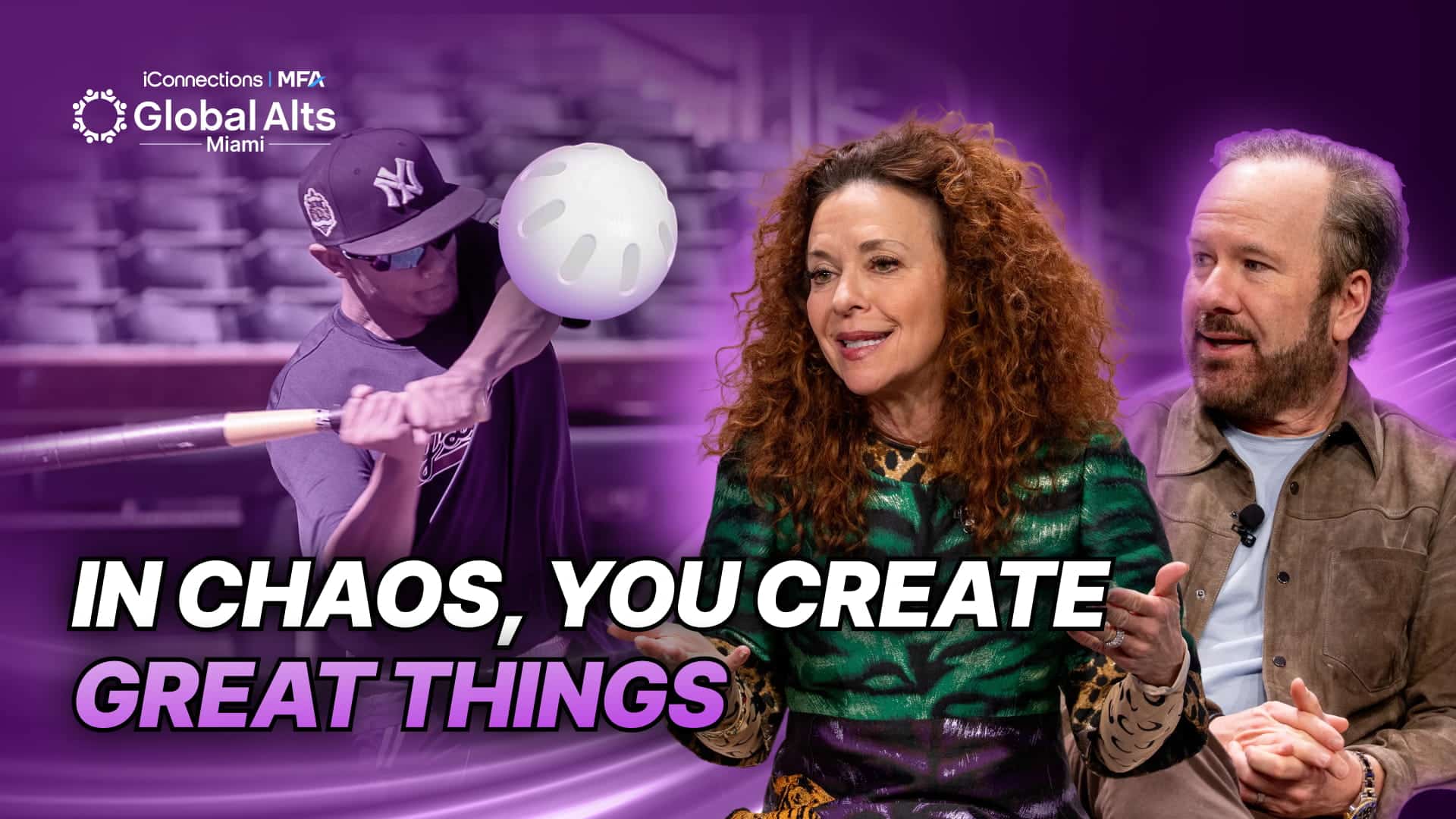 YouTube thumbnail for "He Was 13. He Rented a MLB Stadium. Now Blitzer, Lasry, Gary Vee, and Kevin Costner Own His Teams," showing a young player in a Yankees cap swinging a bat at a wiffle ball on the left, alongside a woman with long curly red hair in a green patterned top and a bearded man in a brown jacket on the right, against a purple-tinted background with bold white-and-purple overlay text reading "IN CHAOS, YOU CREATE GREAT THINGS.