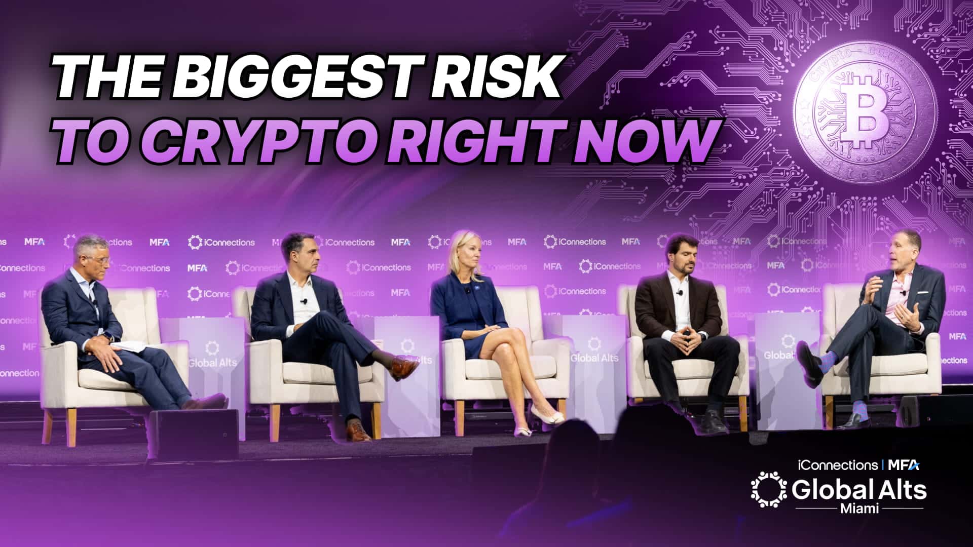 YouTube thumbnail for "Bitcoin Peaked the Same Day Software Peaked — Why AI Is the Biggest Risk to Crypto Right Now," showing five panelists seated on stage at Global Alts Miami 2026 in light gray armchairs against a purple backdrop featuring circuit-board imagery and a large Bitcoin logo on the right, with bold white-and-purple overlay text reading "THE BIGGEST RISK TO CRYPTO RIGHT NOW.