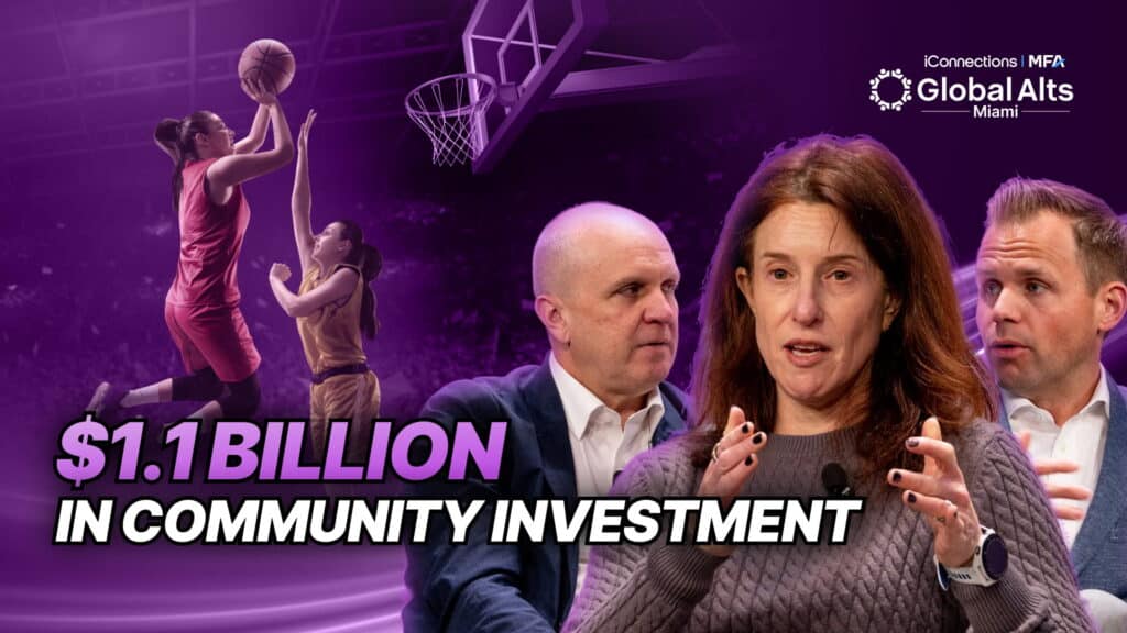 YouTube thumbnail for "WNBA Teams Were Valued at Zero. Now We're Betting on $1 Billion," showing three speakers on the right — two men flanking a woman in a brown sweater captured mid-gesture — with female basketball players going up for a shot in a purple-tinted background on the left, and bold white-and-purple overlay text reading "$1.1 BILLION IN COMMUNITY INVESTMENT.