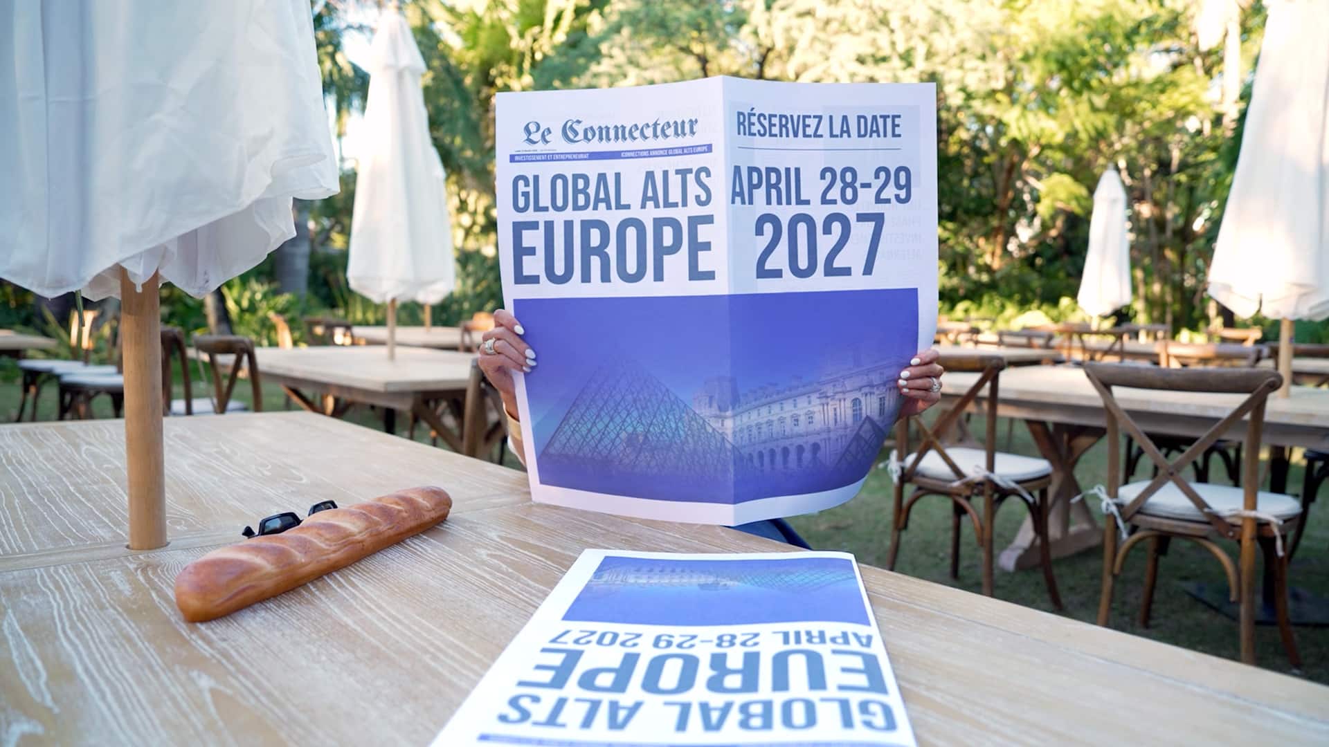 Newspaper announcement of Global Alts Europe 2027 by iConnections, scheduled for April 28–29 in Paris