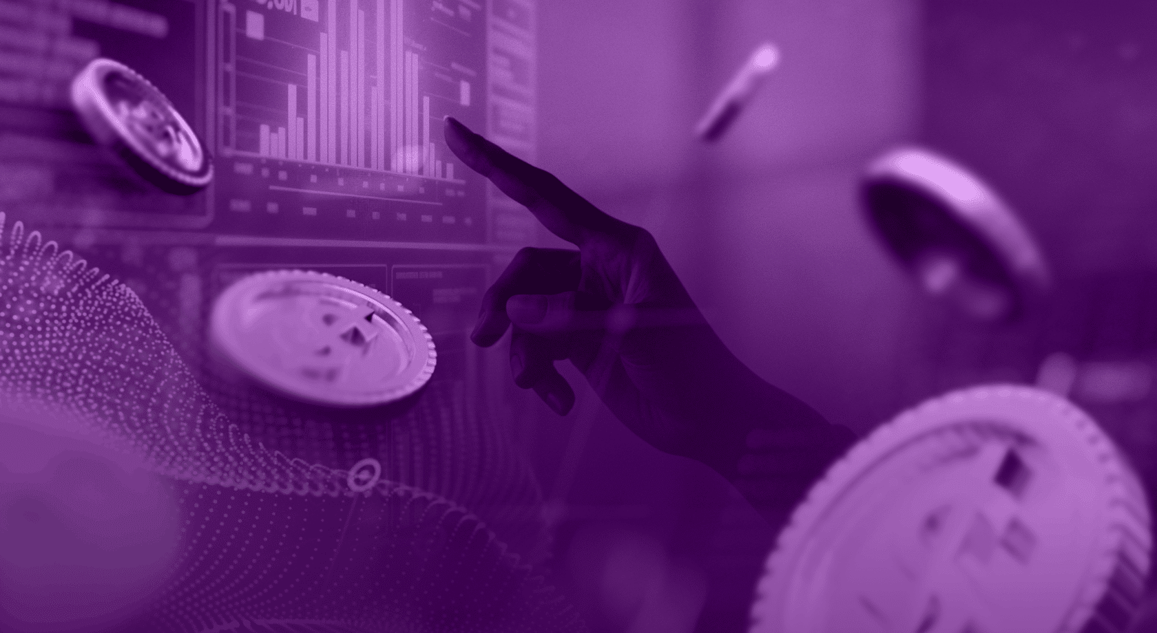Stylized purple-toned editorial image showing a hand reaching toward a holographic financial dashboard with bar charts and data panels, surrounded by floating coins and digital particle waves, evoking the intersection of capital allocation and emerging technology.